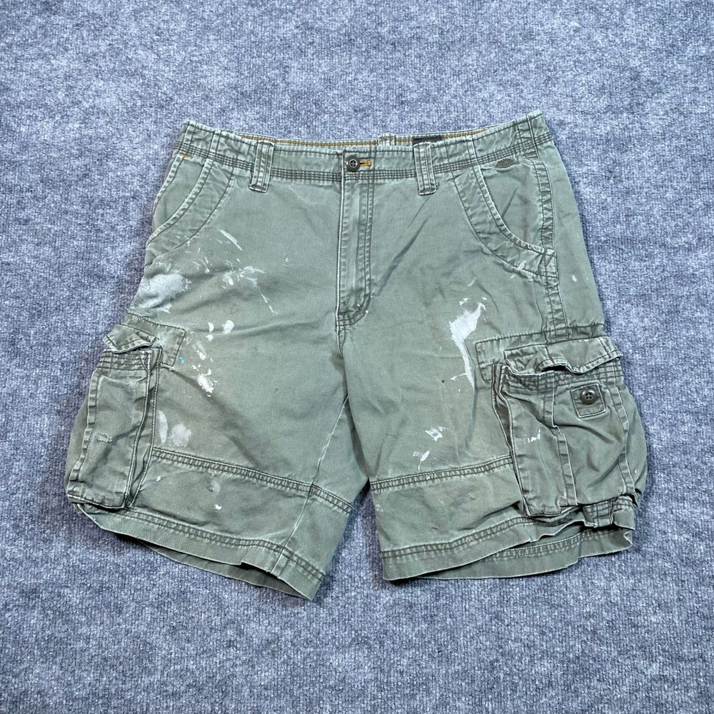 Timberland Mens Cargo Shorts Olive Green Paint Splatter Distressed Size 34